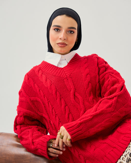 Cable-knit V-neck Sweater in Bold Red