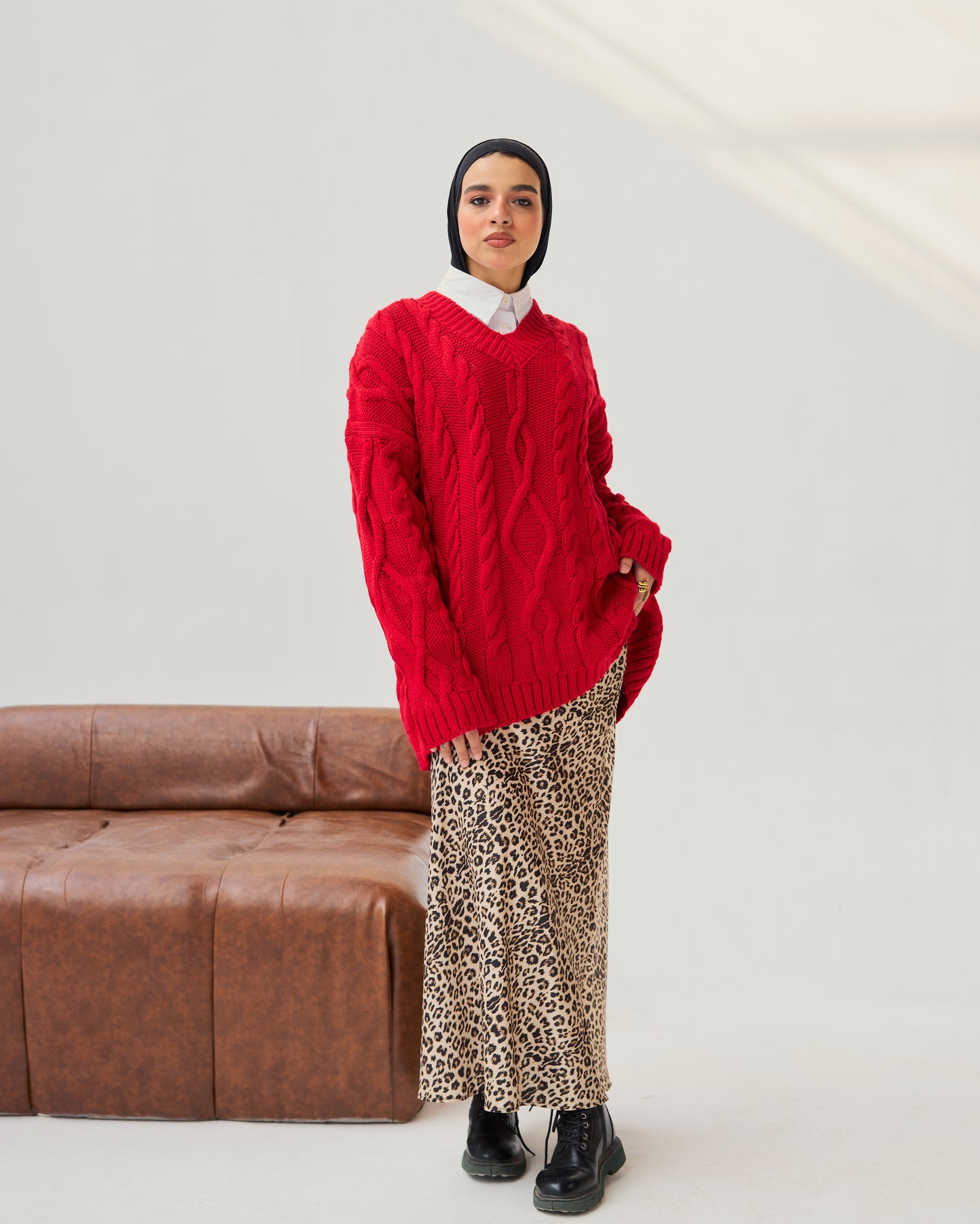 Cable-knit V-neck Sweater in Bold Red