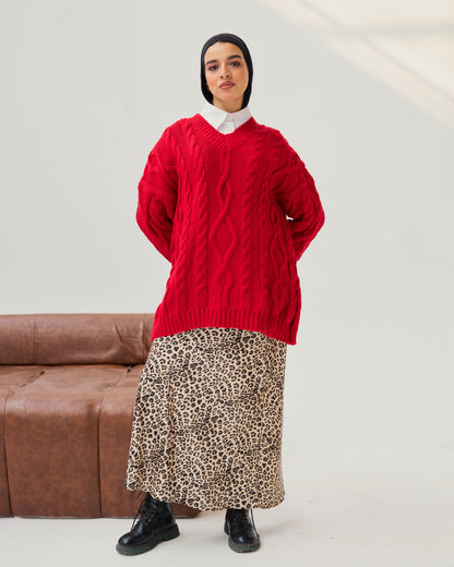 Cable-knit V-neck Sweater in Bold Red