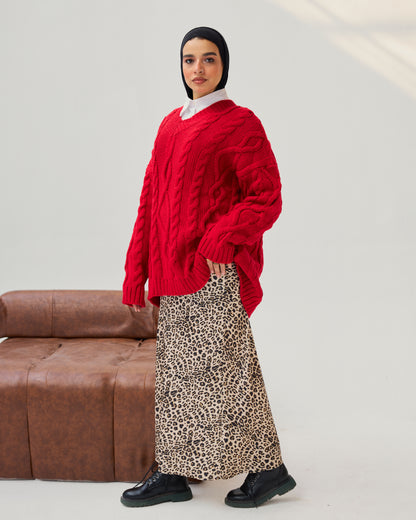 Cable-knit V-neck Sweater in Bold Red