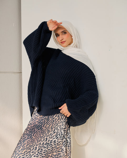 Oversized Chunky Knit Heavy  Sweater in navy blue