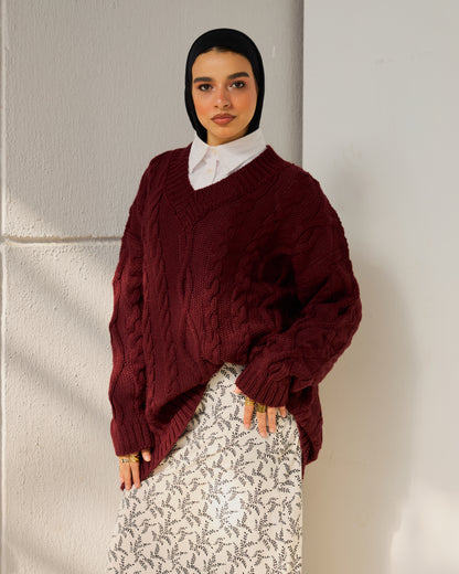 Cable-knit V-neck Sweater in Burgundy