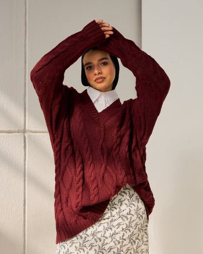 Cable-knit V-neck Sweater in Burgundy