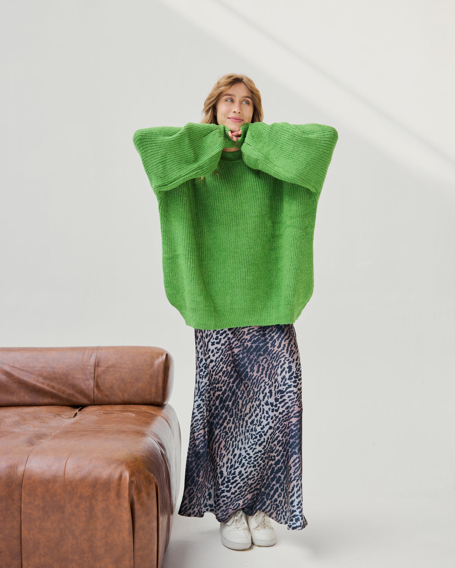 Oversized Chunky Knit Sweater in Kiwi Green