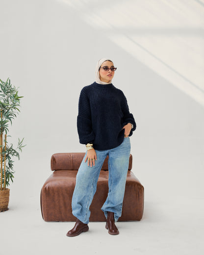 Oversized Chunky Knit Sweater in Dark Blue