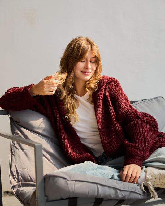 Chunky Knitted Jacket in Burgundy