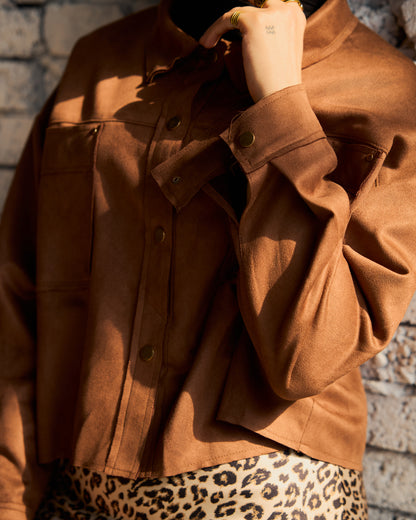 Faux Suede Shirt Jacket in Brownie Camel