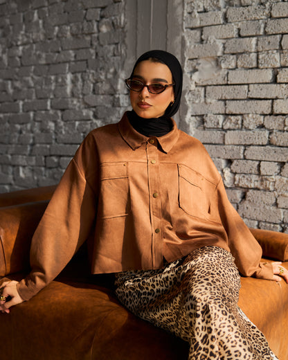 Faux Suede Shirt Jacket in Brownie Camel