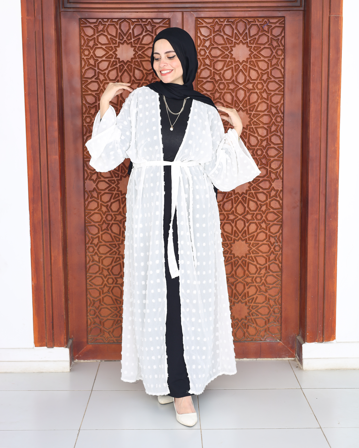 White Chiffon Kaftan with Bobbles