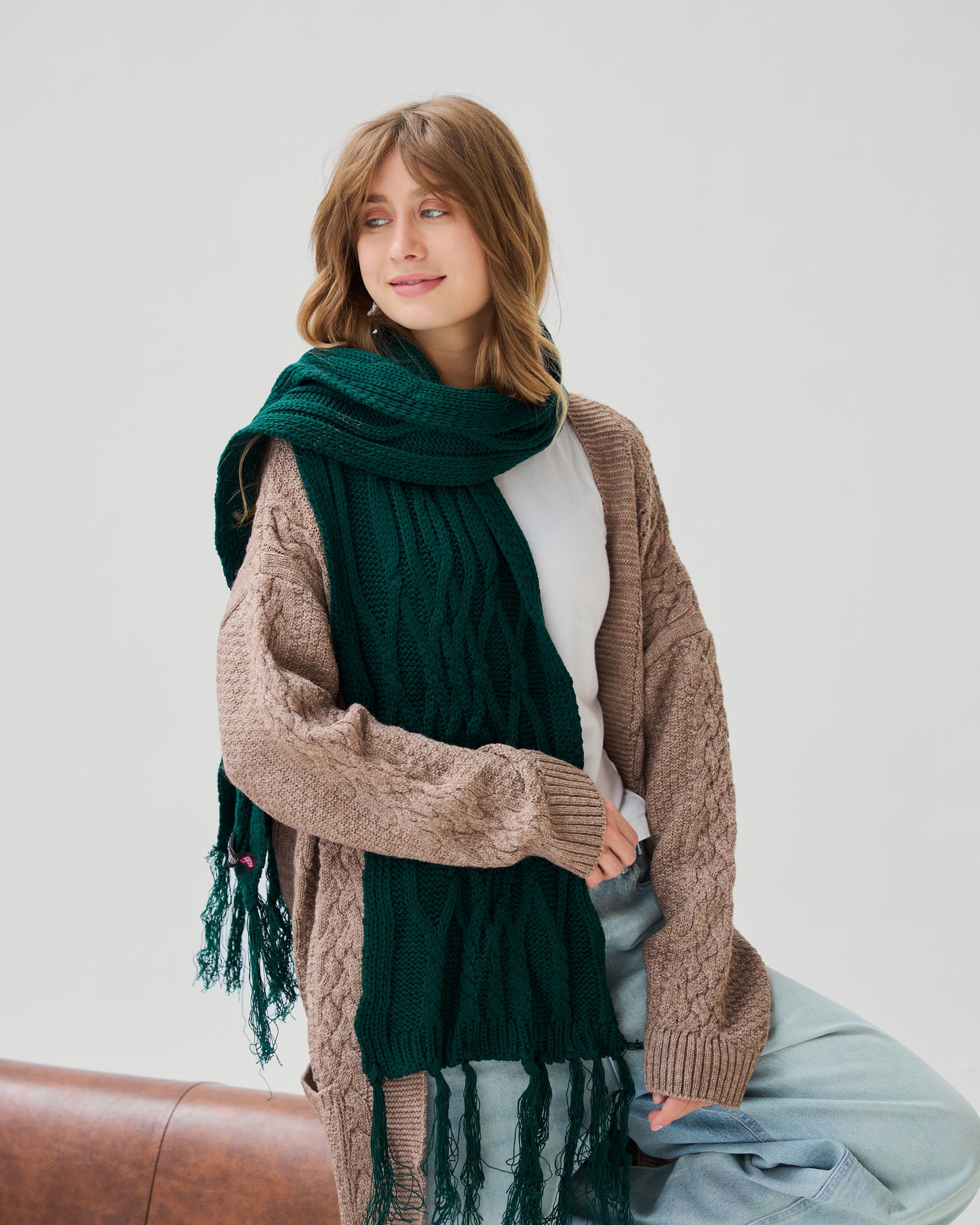 Cable-Knit Scarf in Emerald Green