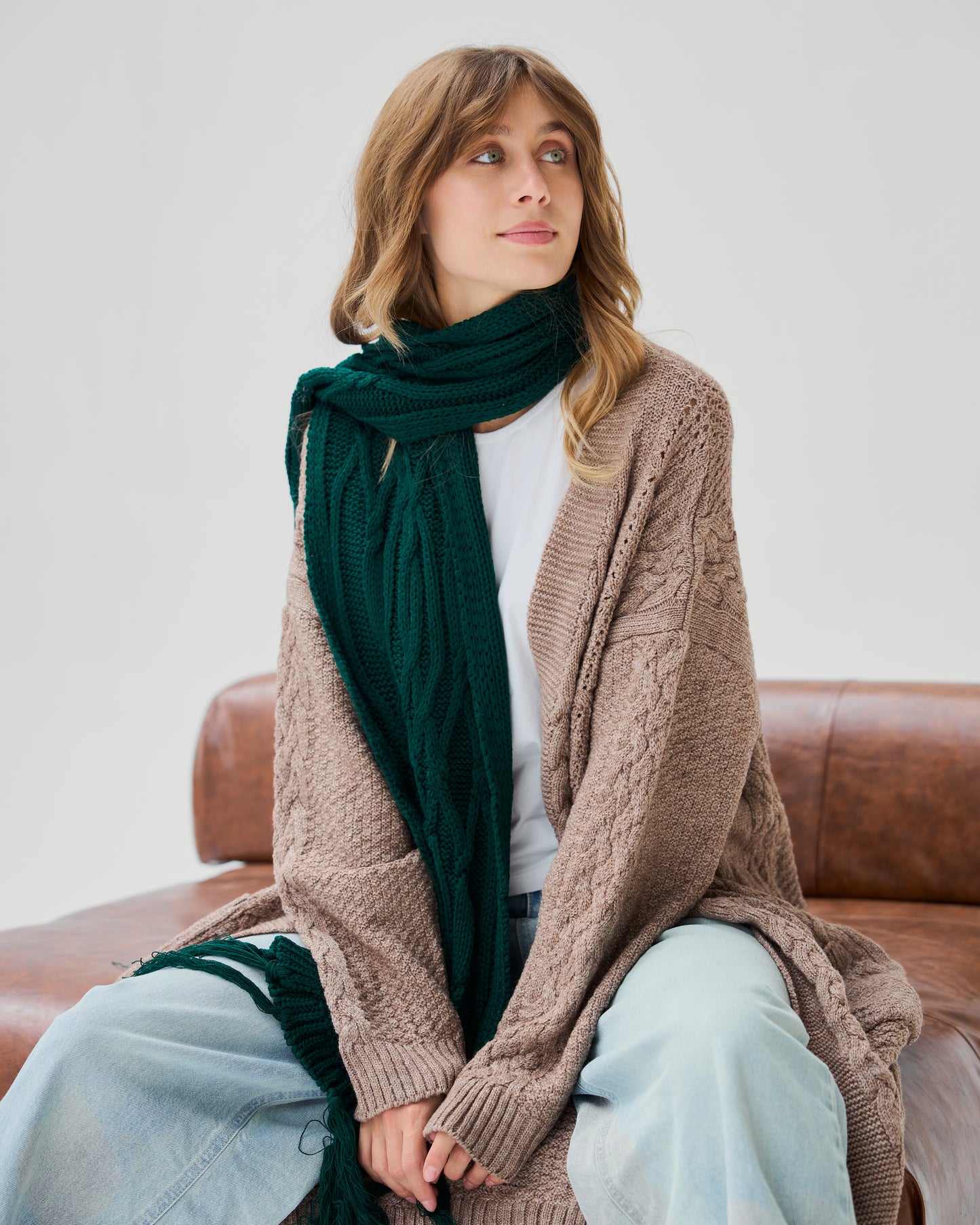 Cable-Knit Scarf in Emerald Green