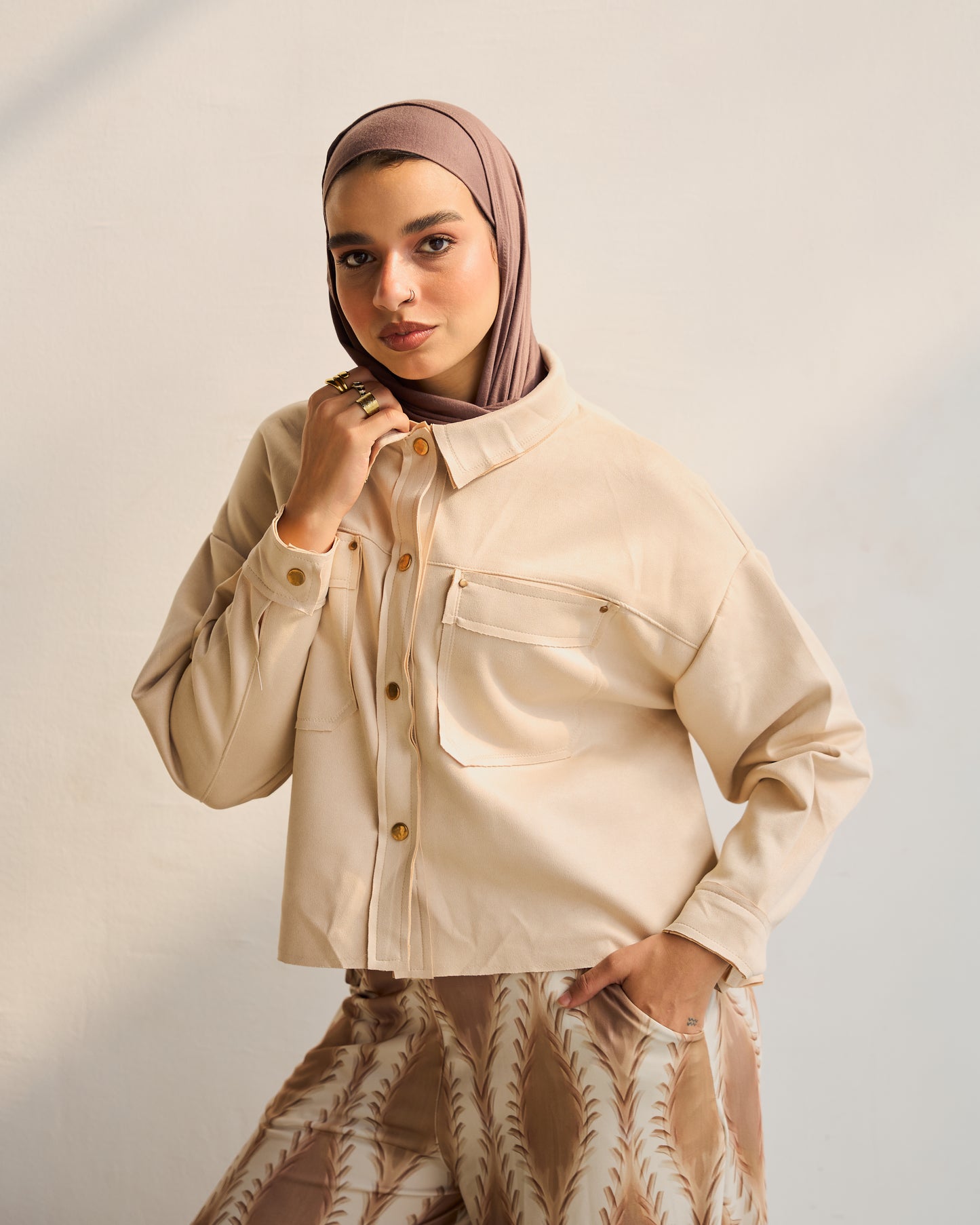 Faux Suede Shirt Jacket in Beige