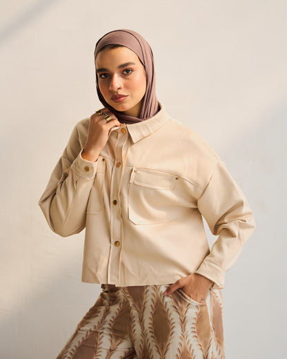 Faux Suede Shirt Jacket in Beige