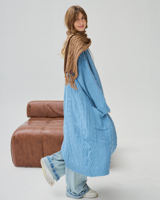 Midi Cable-knit Cardigan in Sky-blue