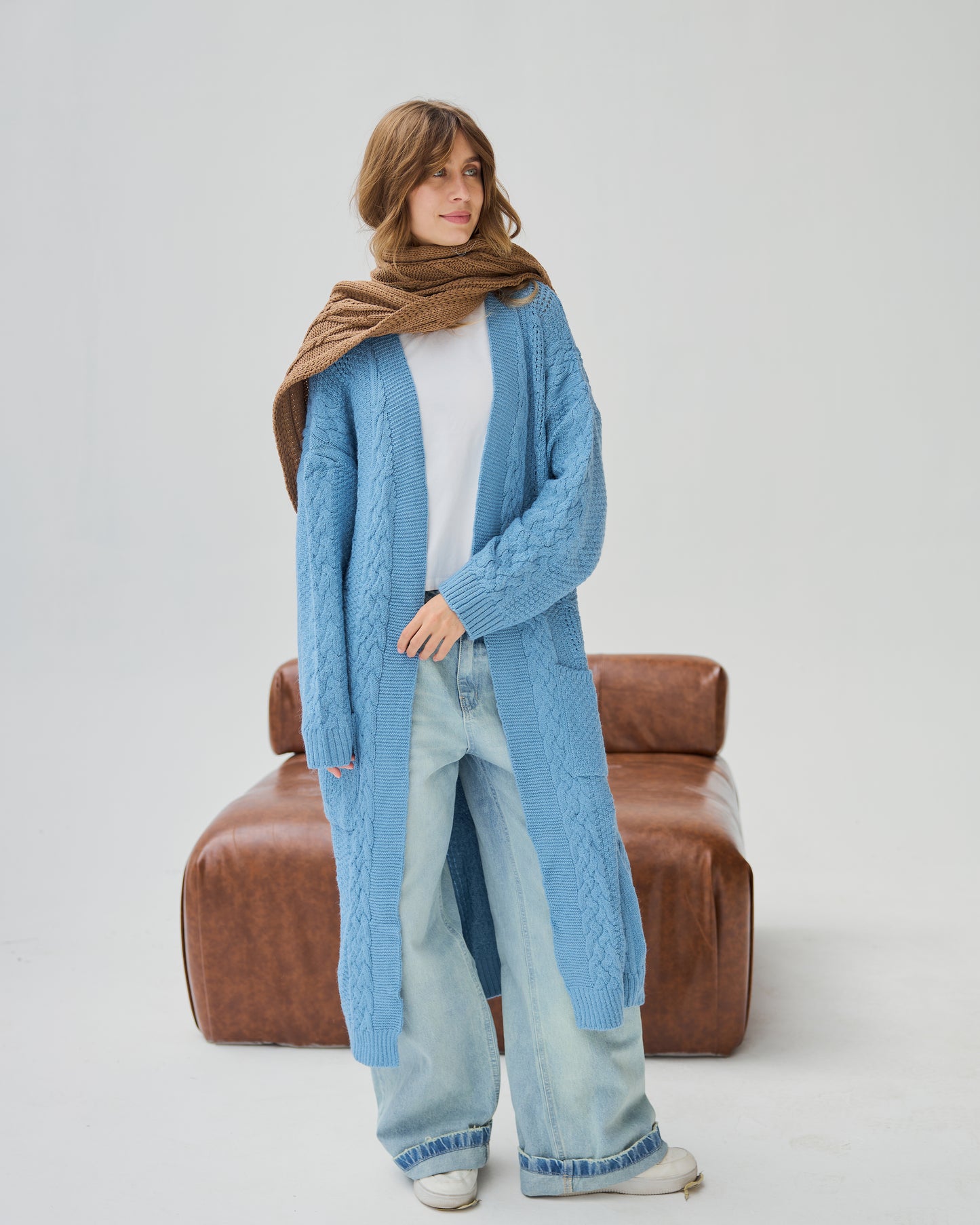 Midi Cable-knit Cardigan in Sky-blue