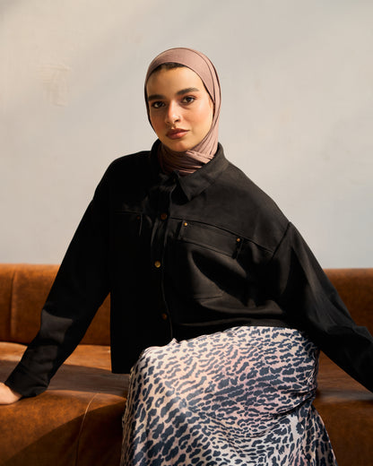 Faux Suede Shirt Jacket in Black