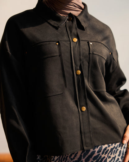Faux Suede Shirt Jacket in Black