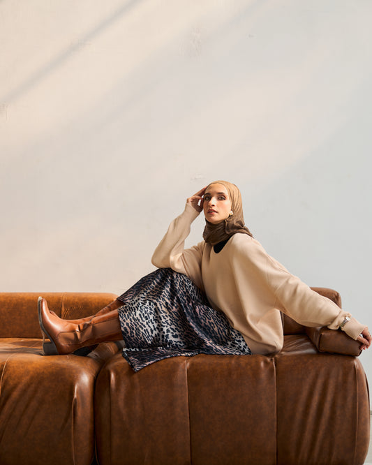 Oversized Round Neck Sweater in Beige