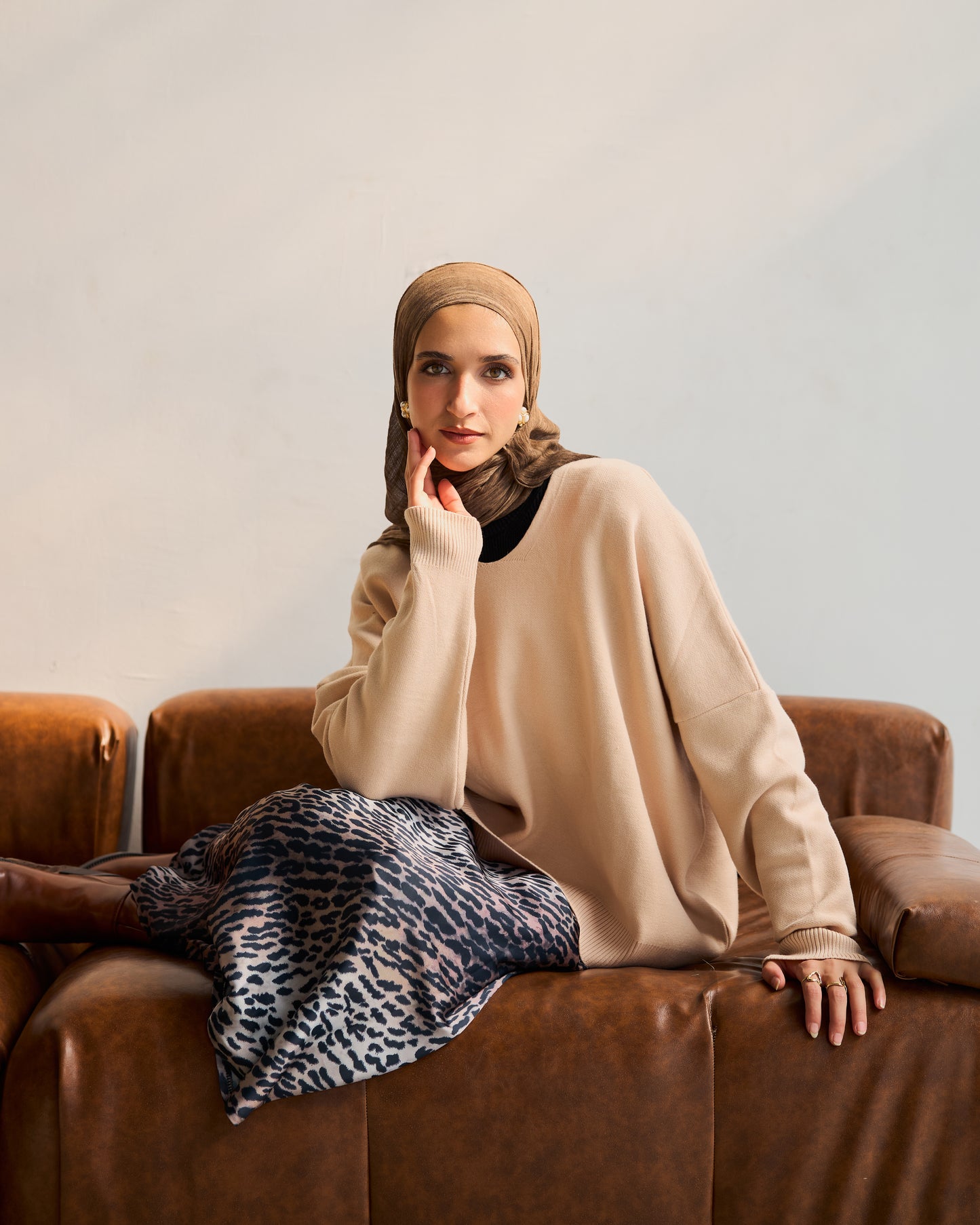 Oversized Round Neck Sweater in Beige