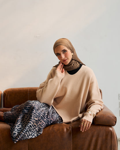 Oversized Round Neck Sweater in Beige