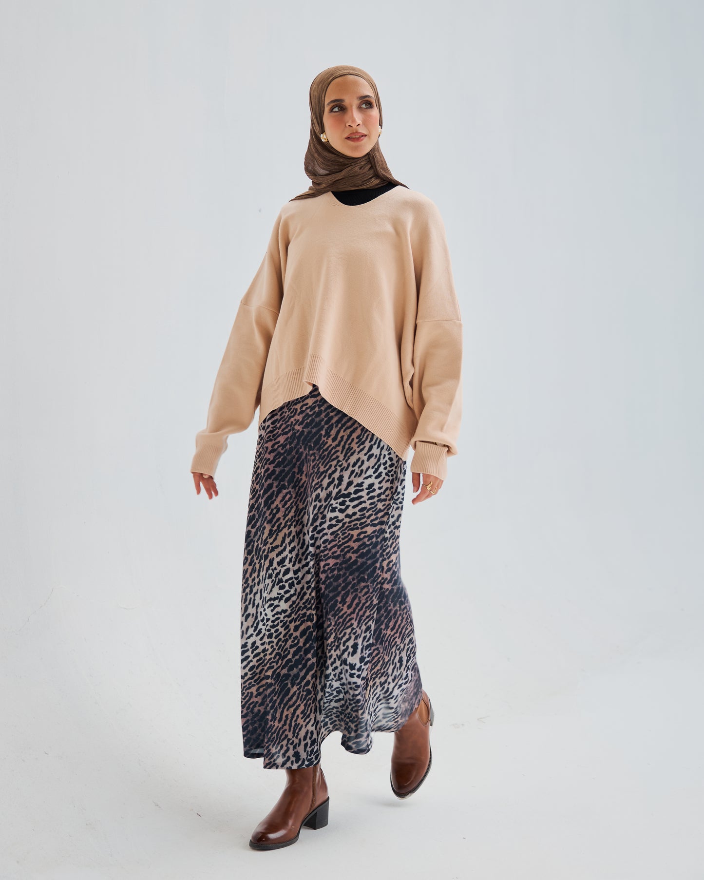 Oversized Round Neck Sweater in Beige