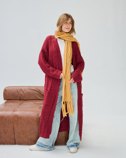 Midi Cable-knit Cardigan in Burgundy