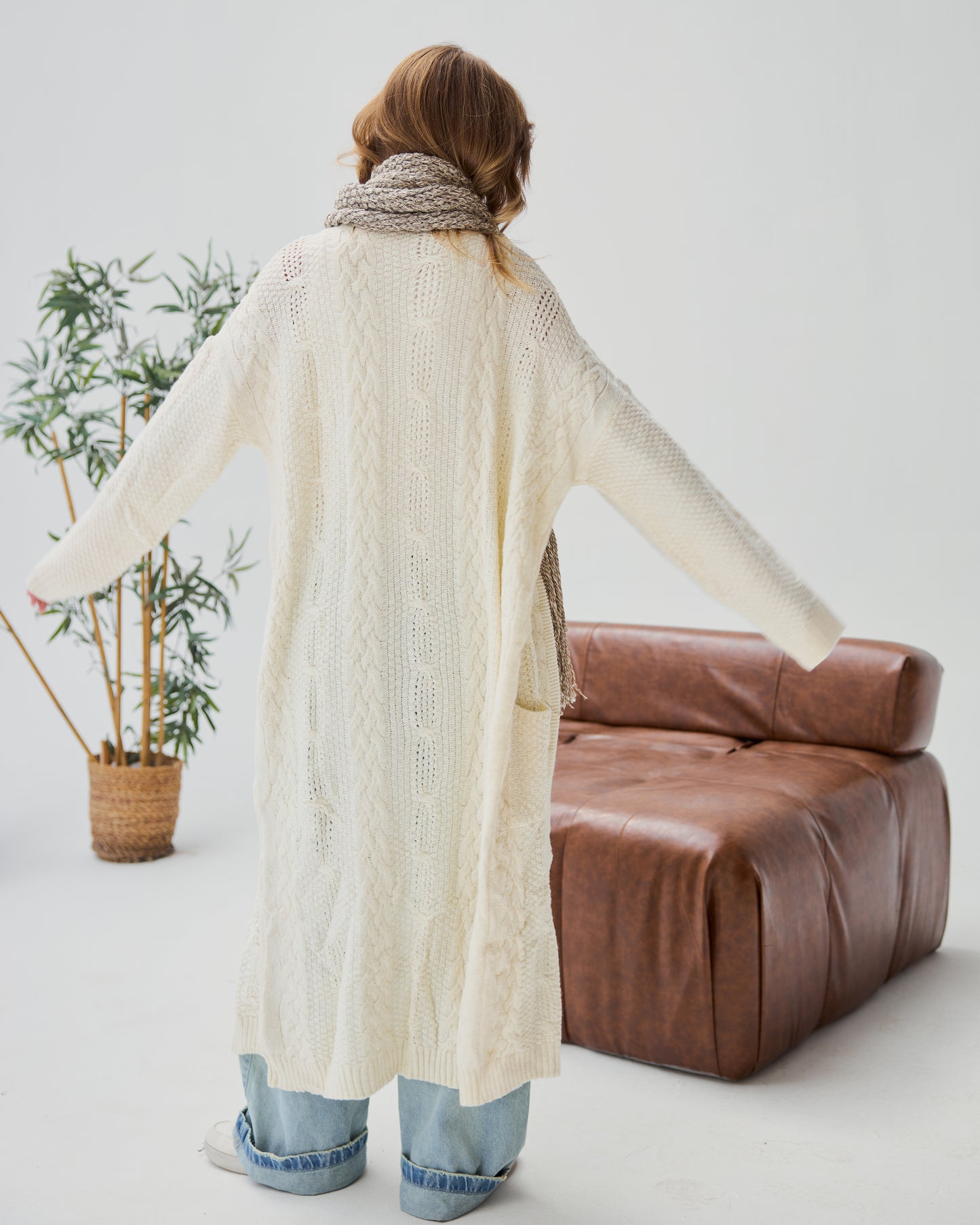 Midi Cable-knit Cardigan in Off-white