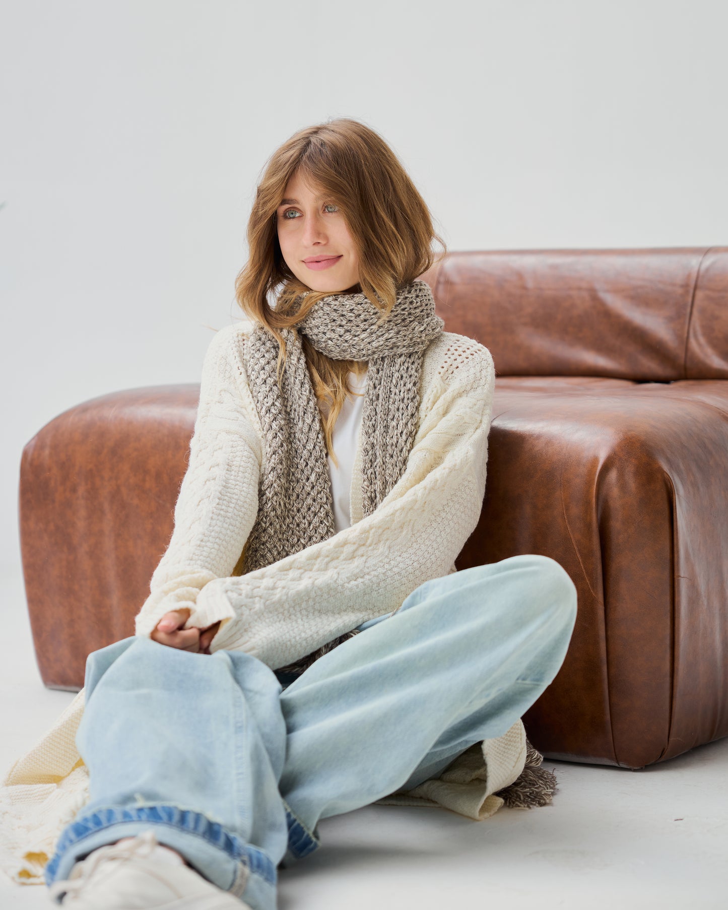 Midi Cable-knit Cardigan in Off-white