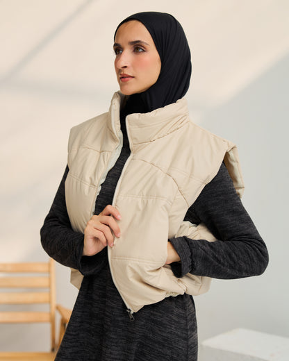 Cropped Puffer Vest in Beige