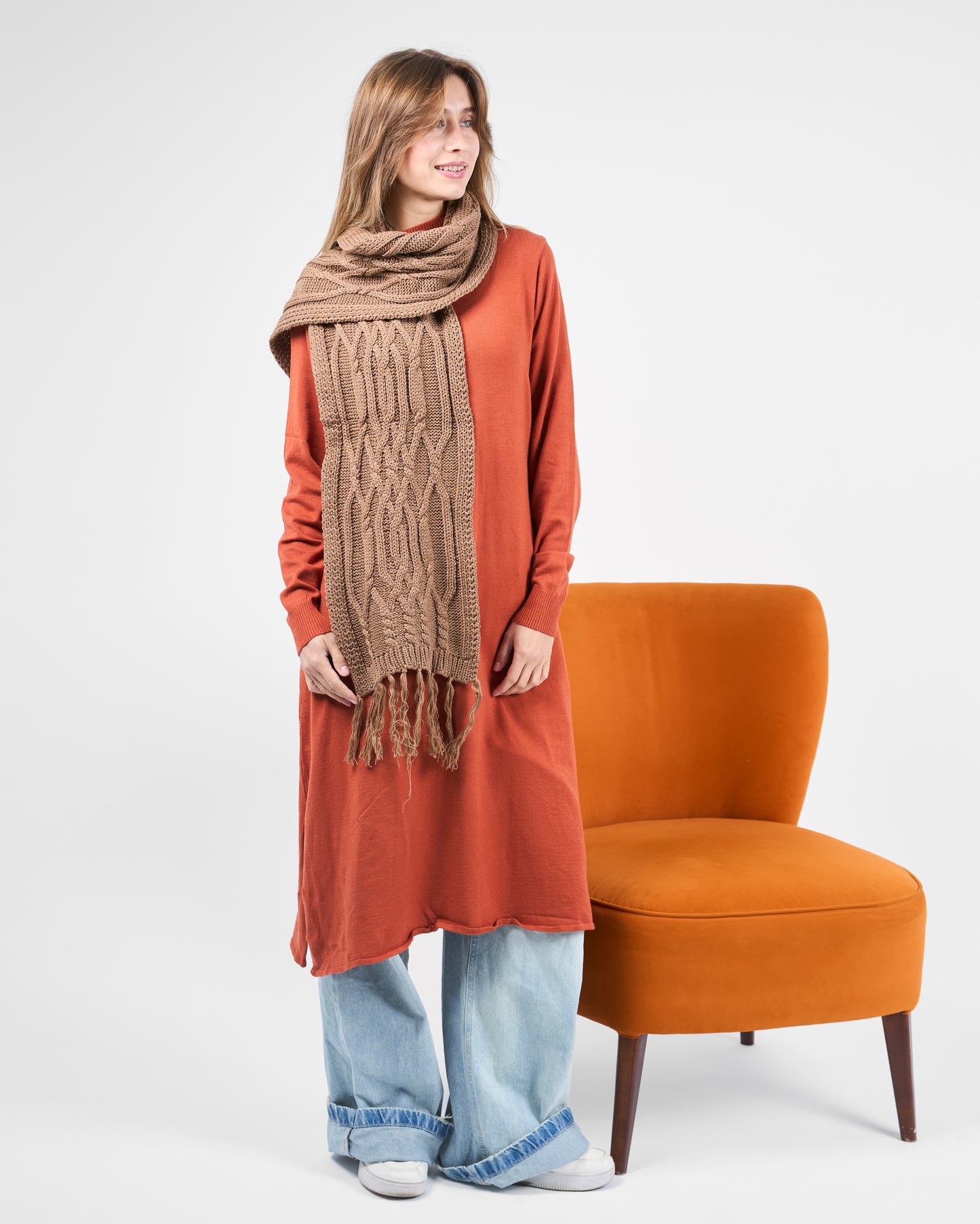 Long Basic knitted Tunic in Burnt Orange