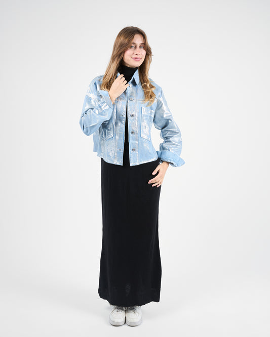 Silver Metallic-Finish Cropped Denim Jacket