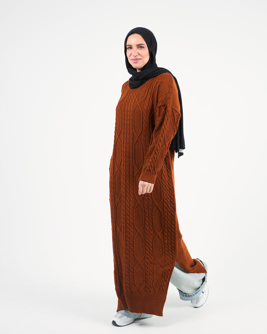 Warm Caramel-Brown Longline Knit Dress
