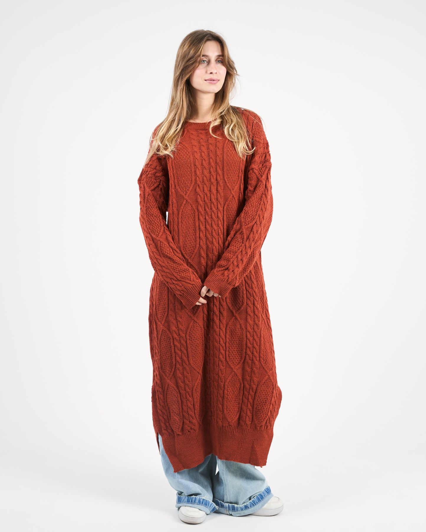 Warm Caramel-Brown Knit Dress with Side Slits