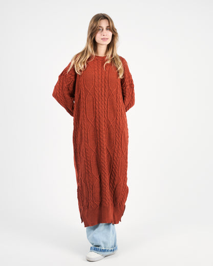 Warm Caramel-Brown Knit Dress with Side Slits