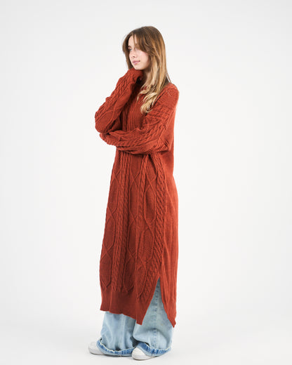 Warm Caramel-Brown Knit Dress with Side Slits