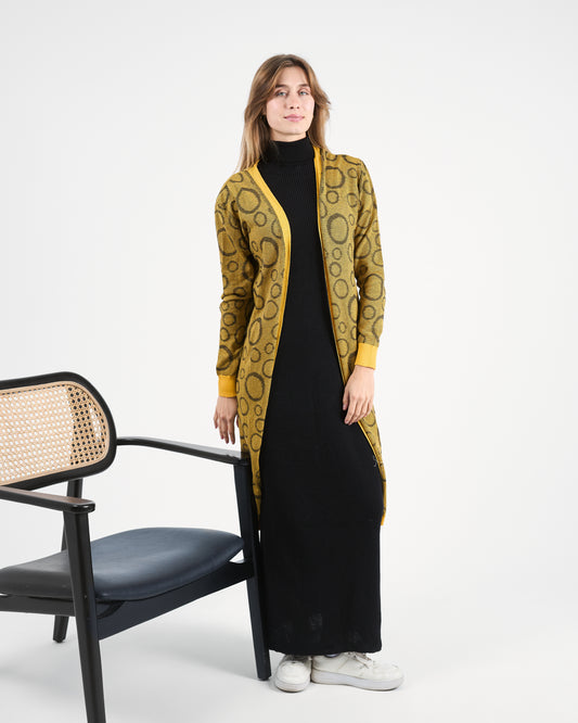 Turkish Mustard Geometric Print Knit Cardigan