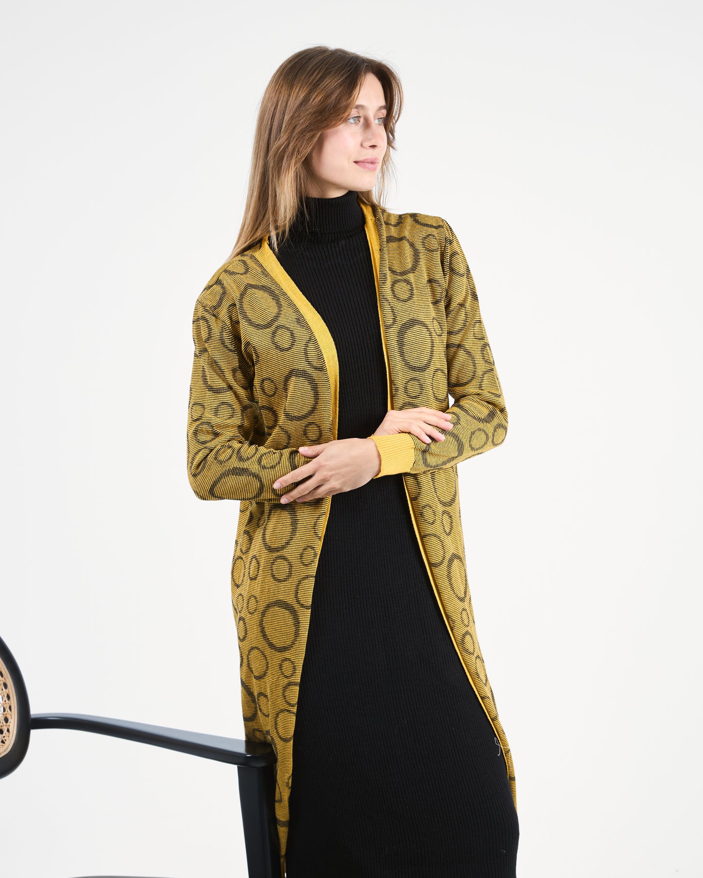 Turkish Mustard Geometric Print Knit Cardigan