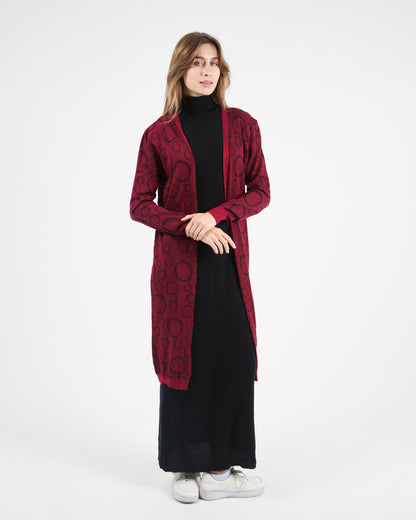 Turkish Geometric Print Knit Cardigan in Burgundy
