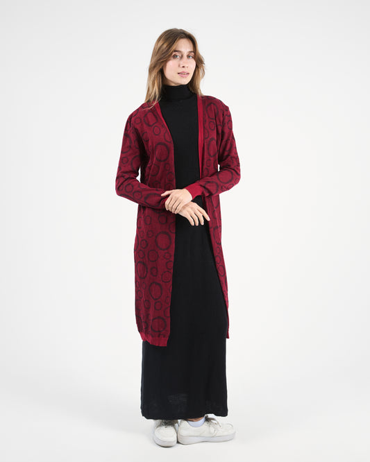 Turkish Geometric Print Knit Cardigan in Burgundy