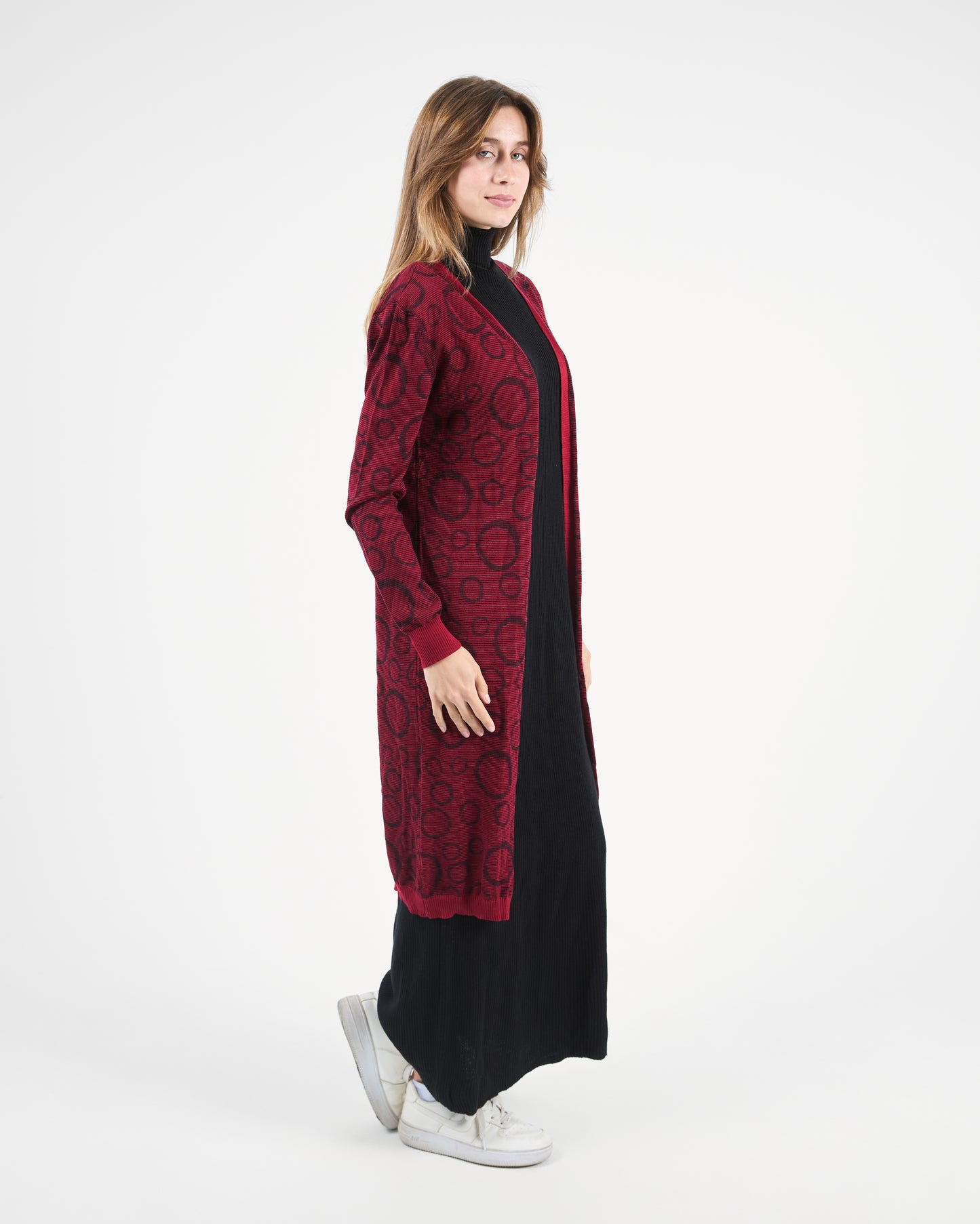 Turkish Geometric Print Knit Cardigan in Burgundy
