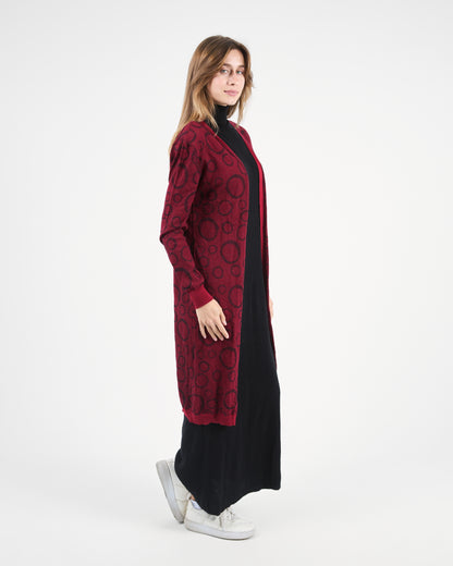 Turkish Geometric Print Knit Cardigan in Burgundy