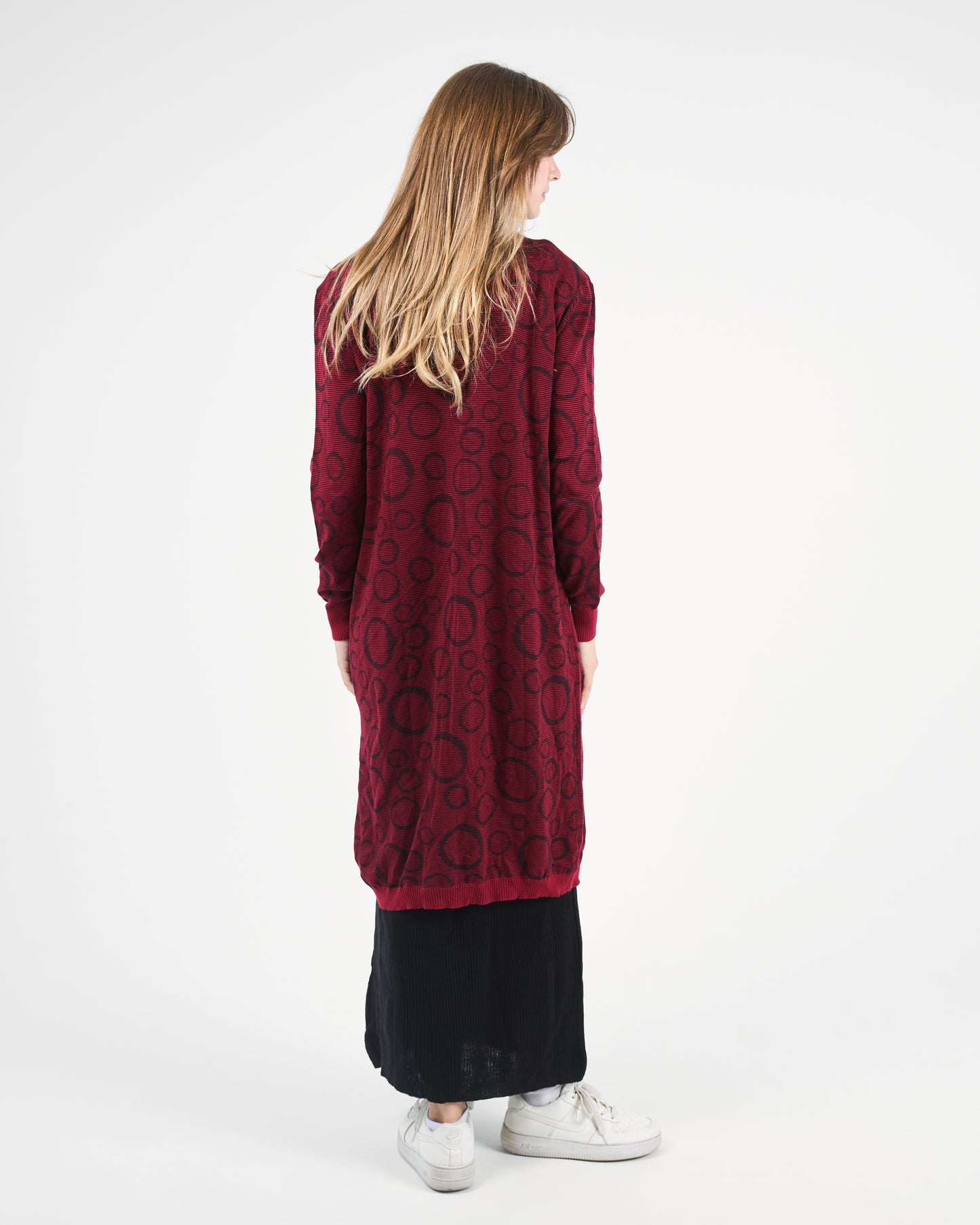 Turkish Geometric Print Knit Cardigan in Burgundy