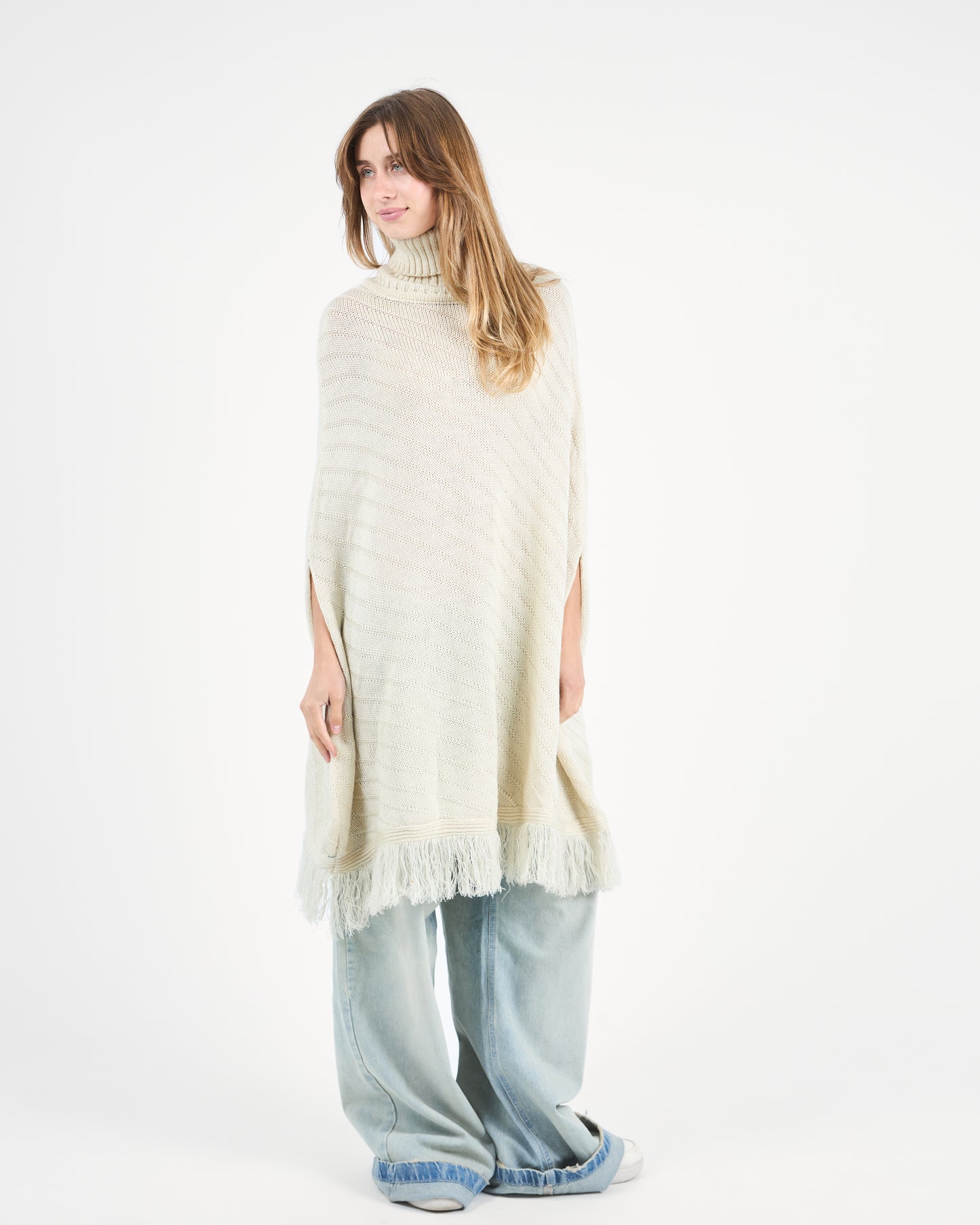 Ivory Beige Turtleneck Poncho With Fringe