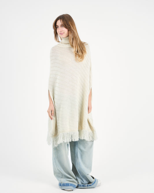 Ivory Beige Turtleneck Poncho With Fringe