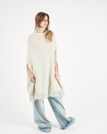 Ivory Beige Turtleneck Poncho With Fringe