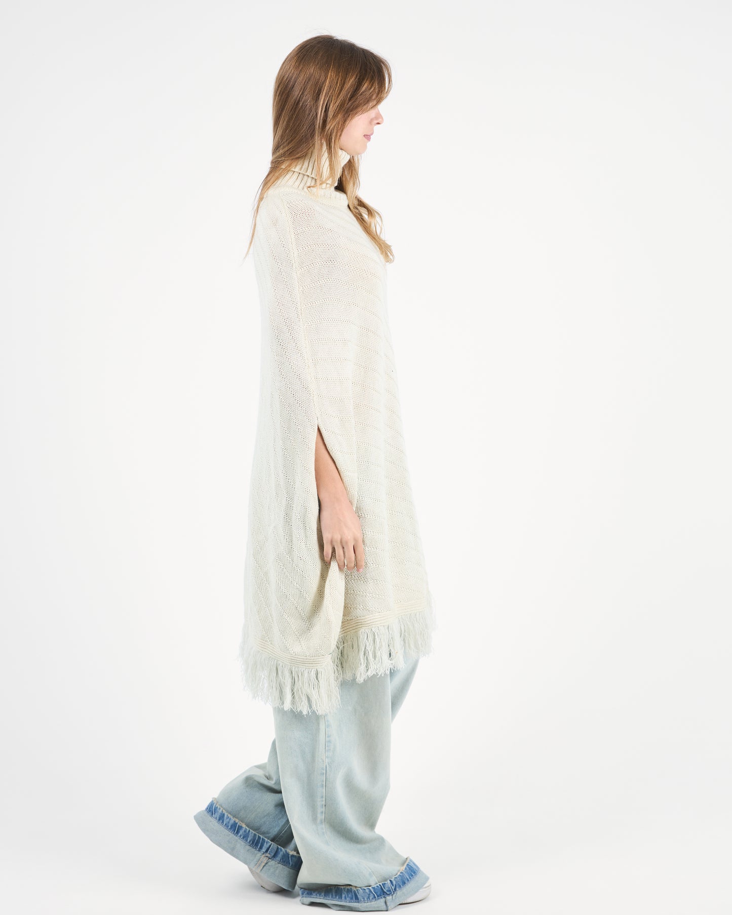 Ivory Beige Turtleneck Poncho With Fringe