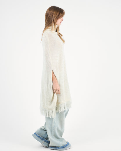Ivory Beige Turtleneck Poncho With Fringe