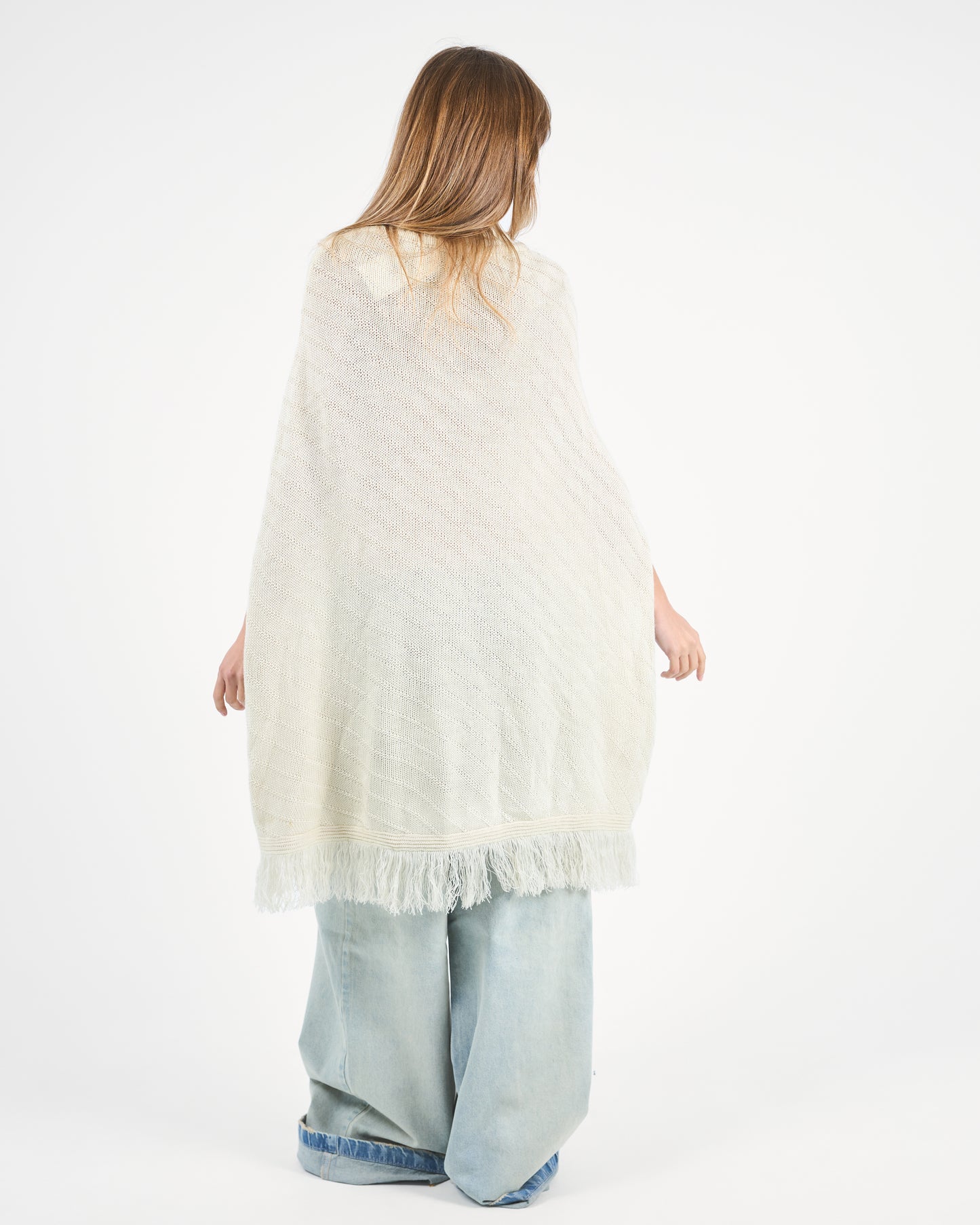 Ivory Beige Turtleneck Poncho With Fringe