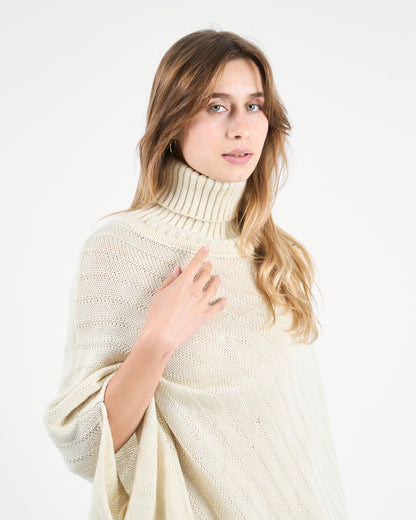 Ivory Beige Turtleneck Poncho With Fringe