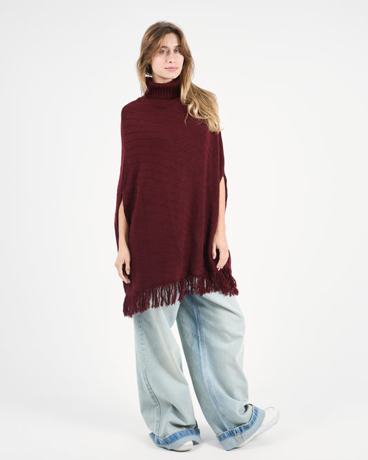 Maroon Turtleneck Poncho With Fringe